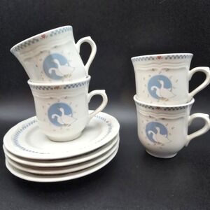 Vintage Moonlight Stoneware Goose Cup and Saucer Set of 4 Blue Checkered Heart